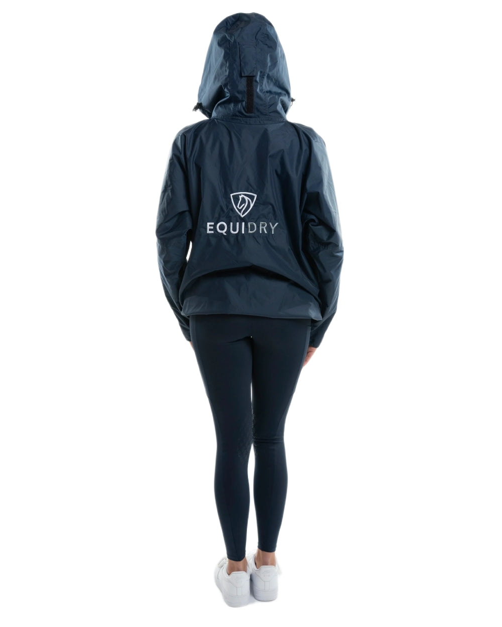 Navy coloured Equidry Womens Equimac Shortie With Stowaway Hood on white background 