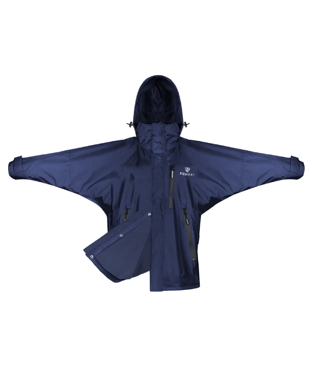 Navy coloured Equidry Womens Equimac Shortie With Stowaway Hood on white background 