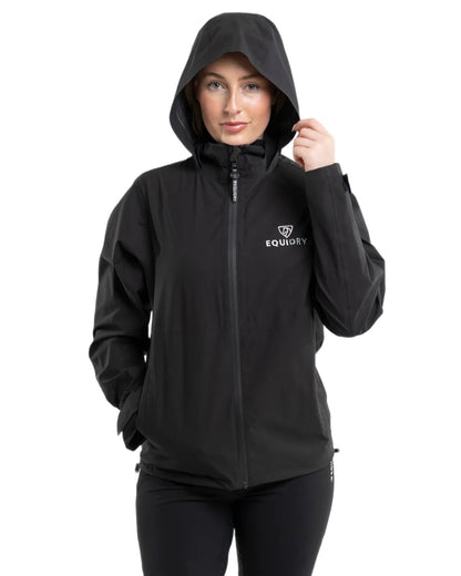 Black coloured Equidry Womens Nimbus Pack Away Jacket with Stowaway Hood on white background 