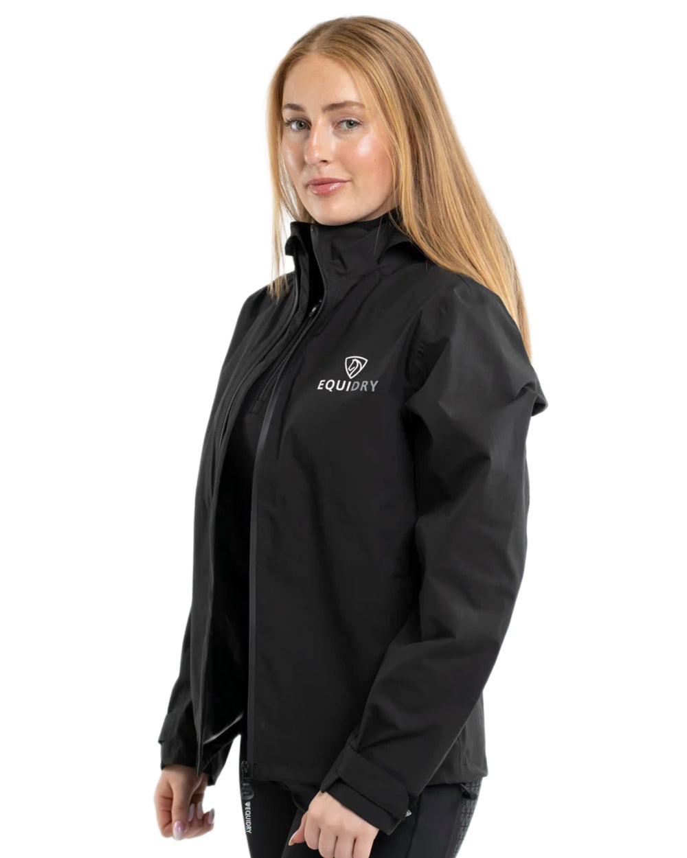 Black coloured Equidry Womens Nimbus Pack Away Jacket with Stowaway Hood on white background 