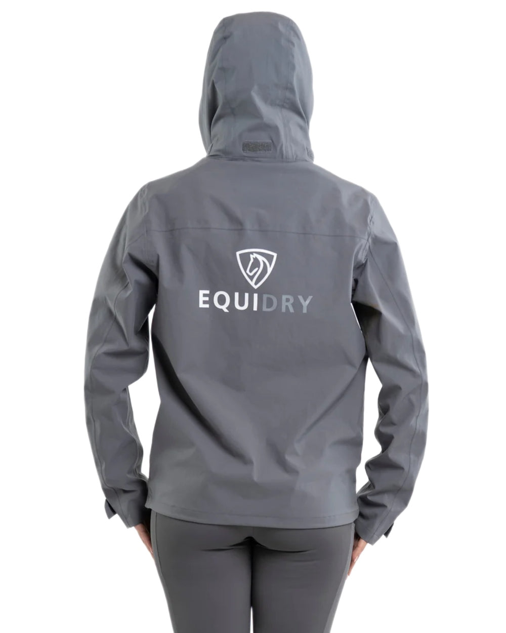 Charcoal coloured Equidry Womens Nimbus Pack Away Jacket with Stowaway Hood on white background 