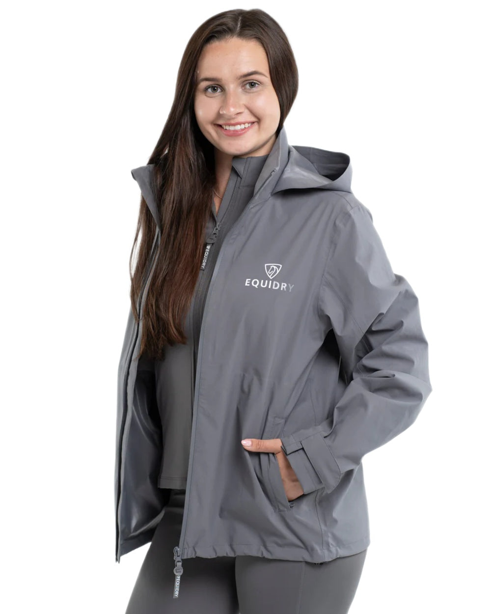 Charcoal coloured Equidry Womens Nimbus Pack Away Jacket with Stowaway Hood on white background 