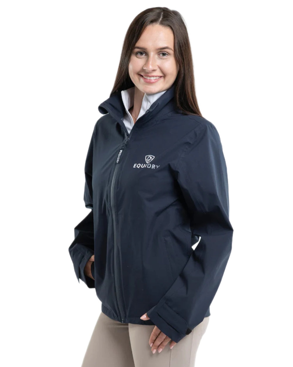 Navy coloured Equidry Womens Nimbus Pack Away Jacket with Stowaway Hood on white background 