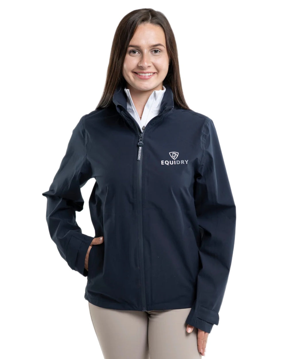 Navy coloured Equidry Womens Nimbus Pack Away Jacket with Stowaway Hood on white background 
