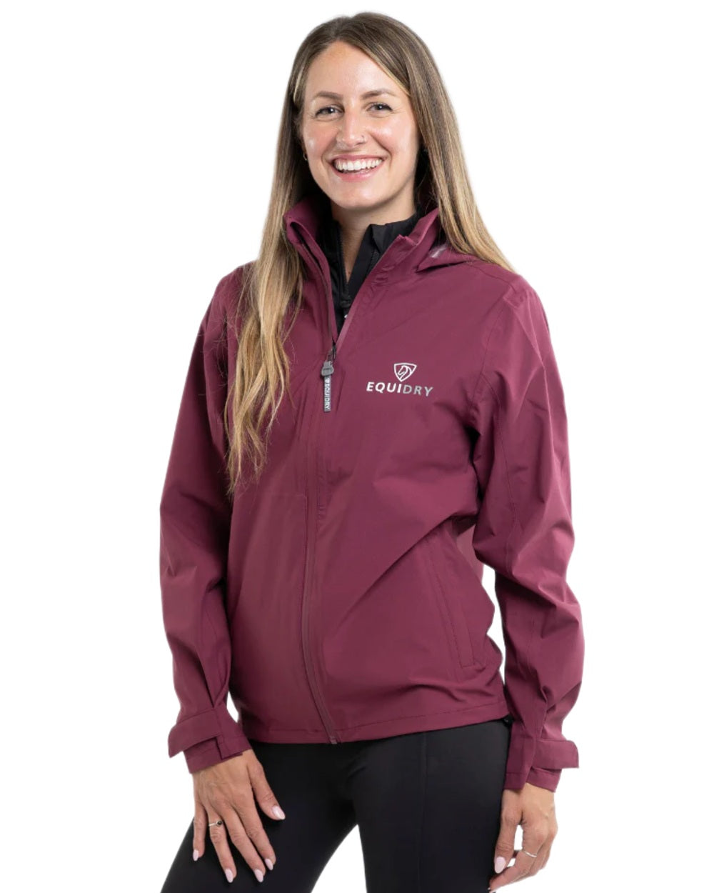 Plum coloured Equidry Womens Nimbus Pack Away Jacket with Stowaway Hood on white background 