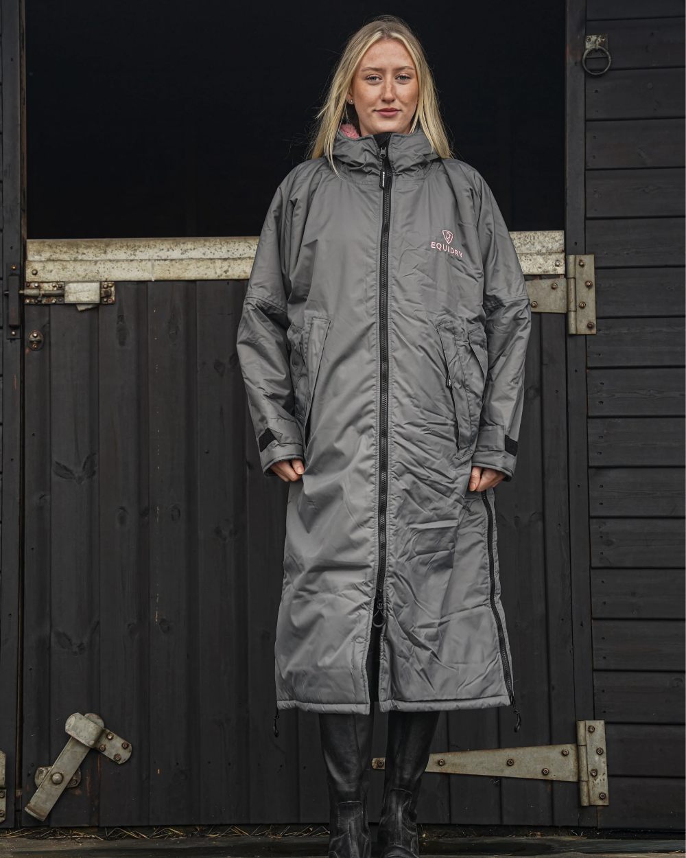 Charcoal Pink coloured Equidry Womens Original All Rounder Waterproof Coat on outdoor background 