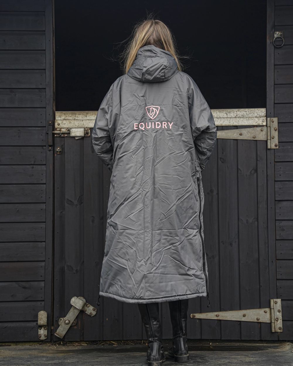 Charcoal Pink coloured Equidry Womens Original All Rounder Waterproof Coat on outdoor background 
