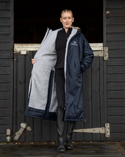 Navy Grey coloured Equidry Womens Original All Rounder Waterproof Coat on outdoor background 