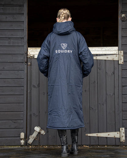 Navy Grey coloured Equidry Womens Original All Rounder Waterproof Coat on outdoor background 