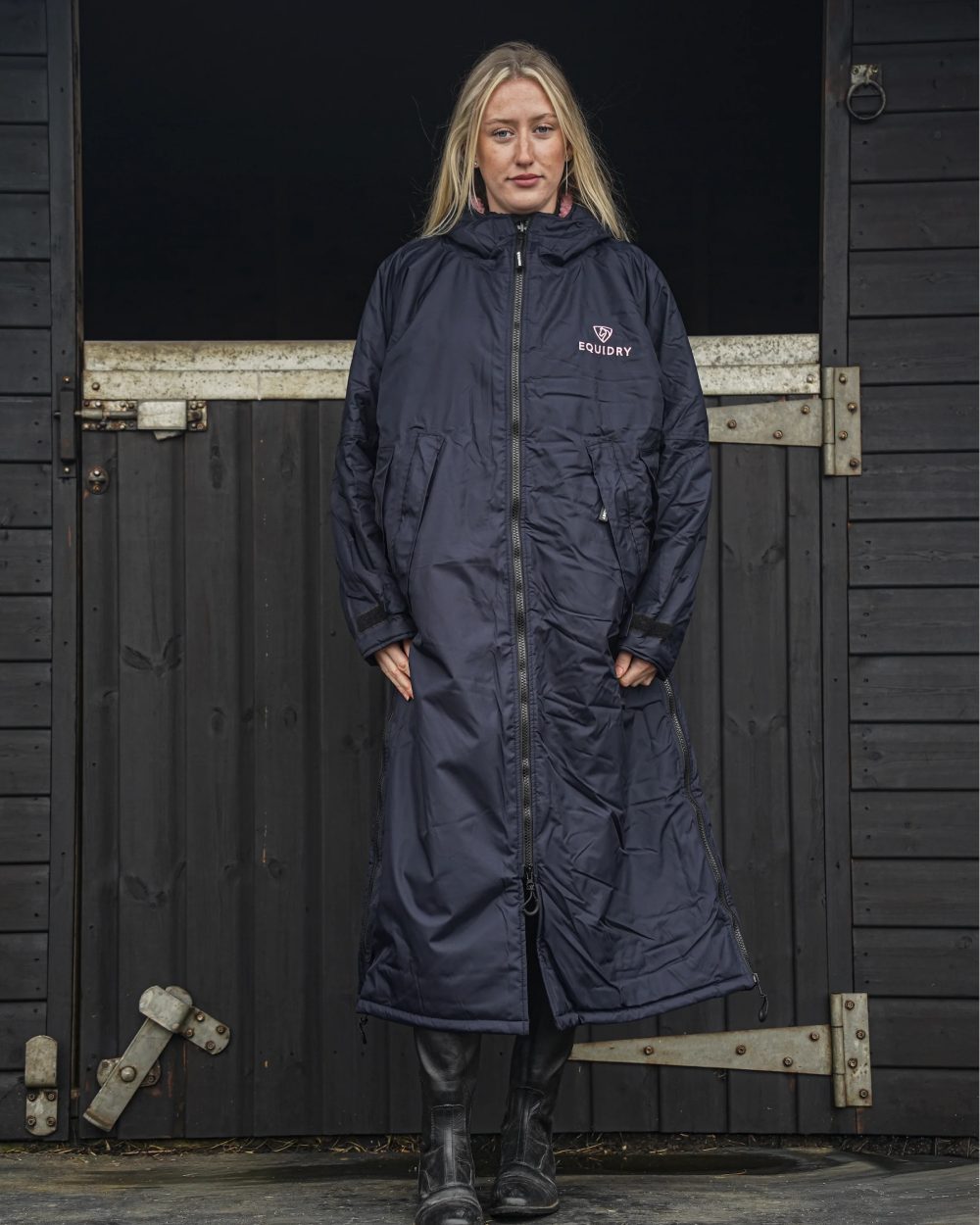 Navy Pale Pink coloured Equidry Womens Original All Rounder Waterproof Coat on outdoor background 
