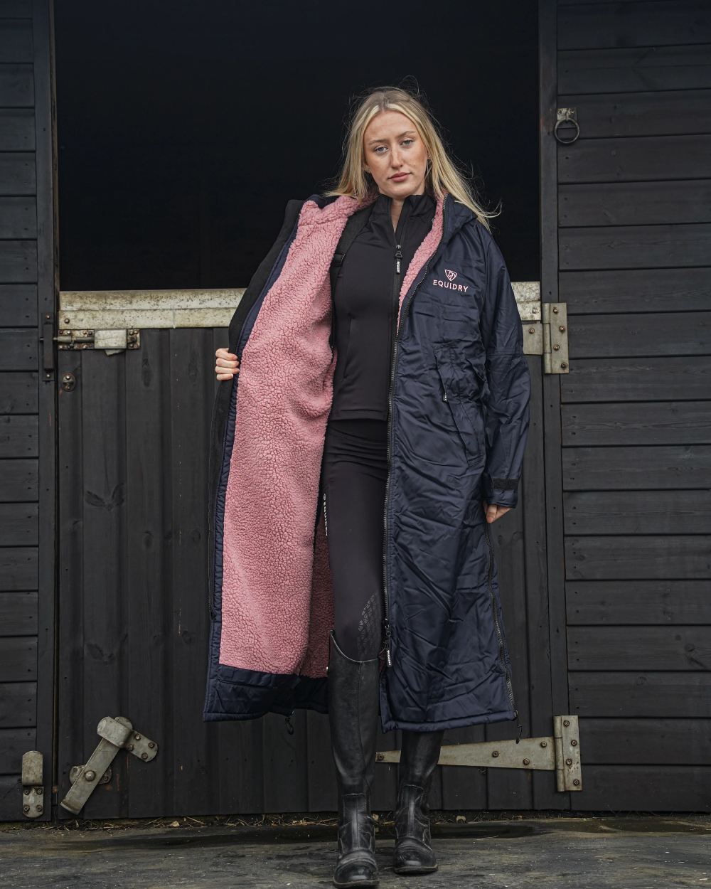 Navy Pale Pink coloured Equidry Womens Original All Rounder Waterproof Coat on outdoor background 