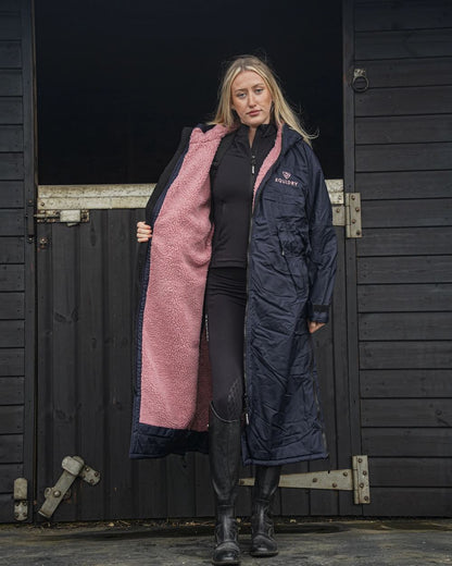 Navy Pale Pink coloured Equidry Womens Original All Rounder Waterproof Coat on outdoor background 