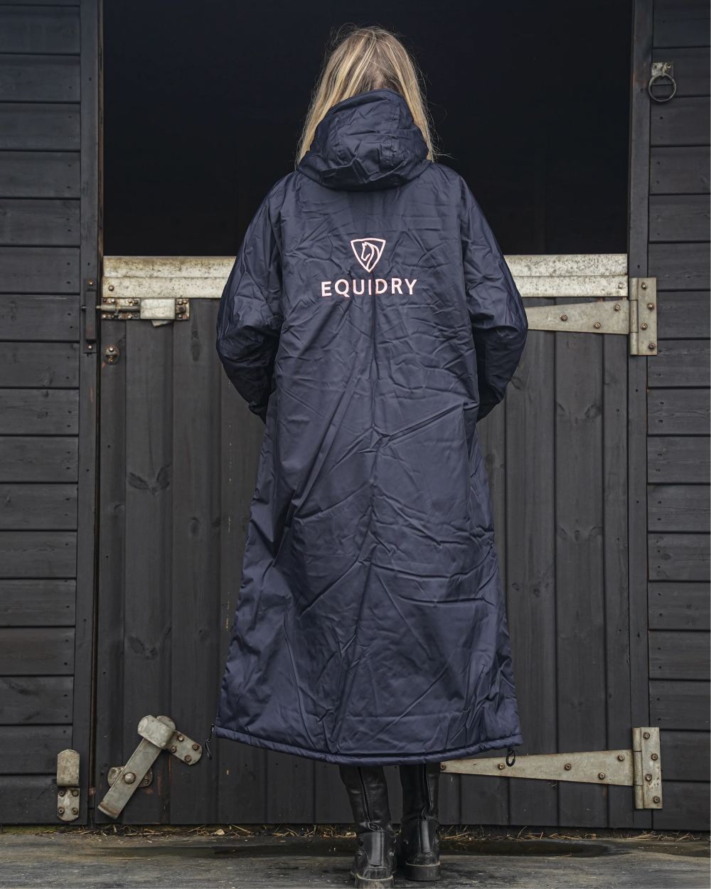 Navy Pale Pink coloured Equidry Womens Original All Rounder Waterproof Coat on outdoor background 
