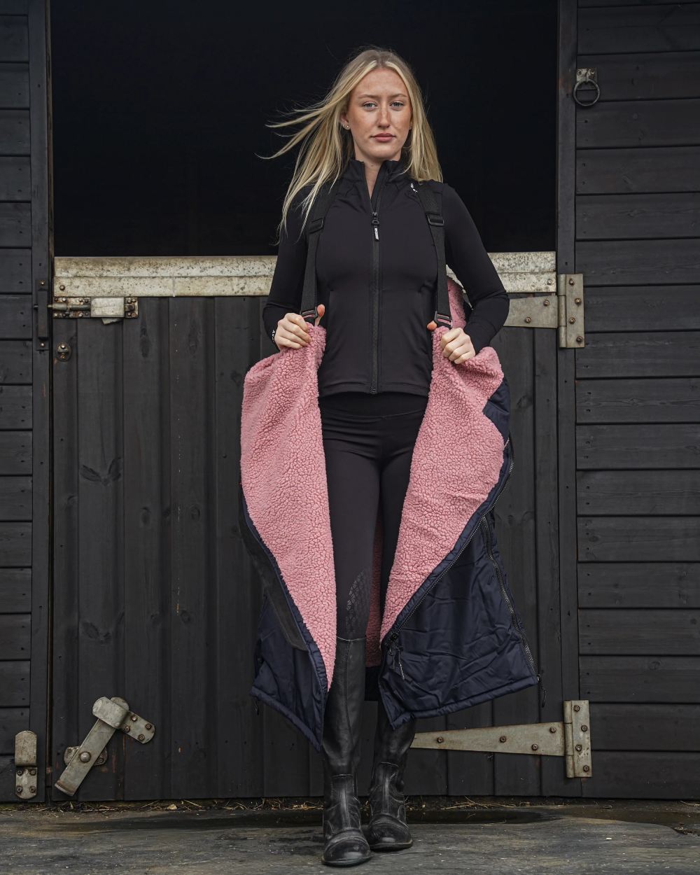 Navy Pale Pink coloured Equidry Womens Original All Rounder Waterproof Coat on outdoor background 