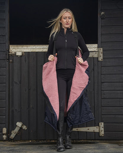 Navy Pale Pink coloured Equidry Womens Original All Rounder Waterproof Coat on outdoor background 