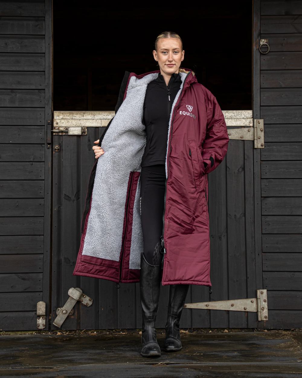 Plum Grey coloured Equidry Womens Original All Rounder Waterproof Coat on outdoor background 