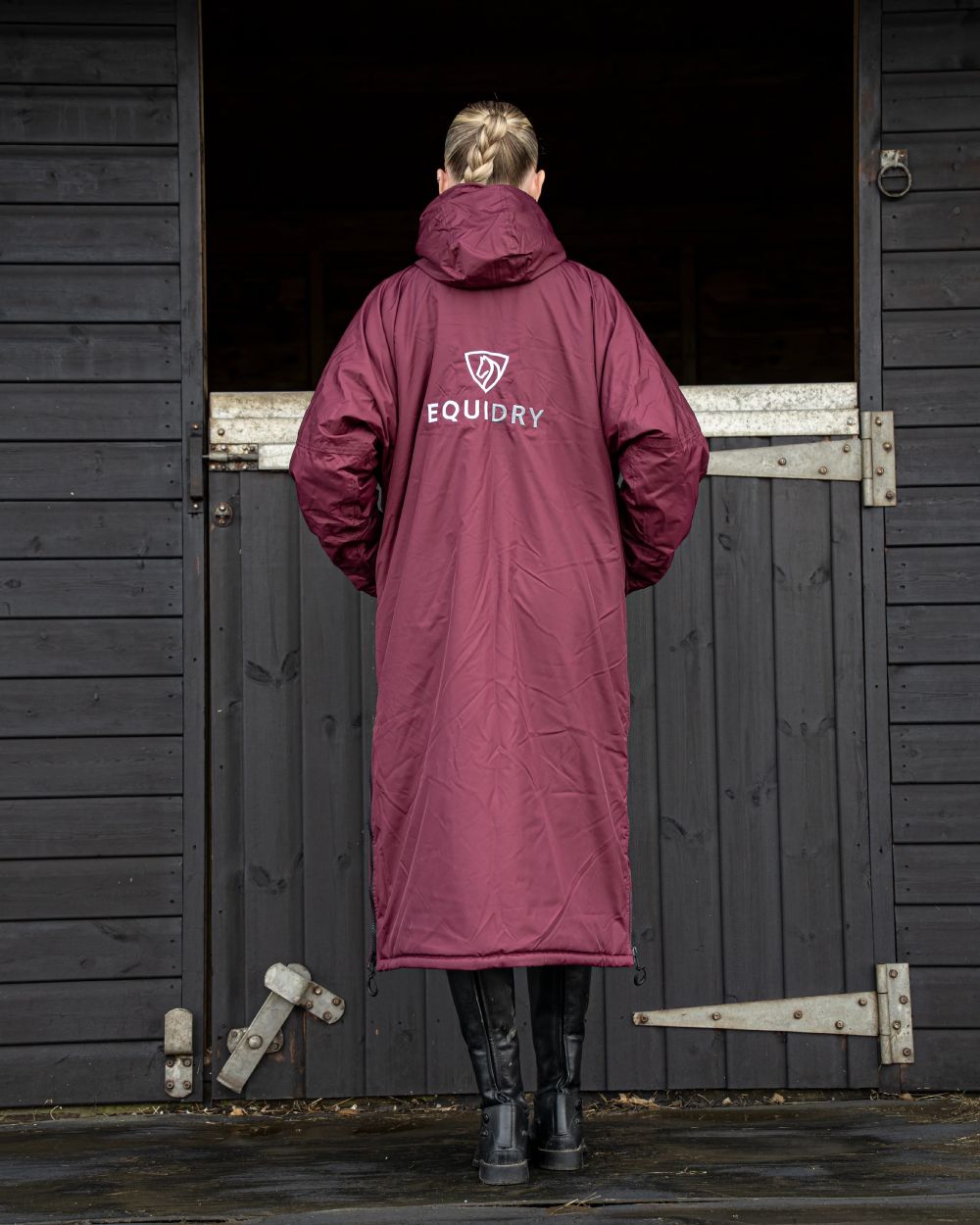 Plum Grey coloured Equidry Womens Original All Rounder Waterproof Coat on outdoor background 