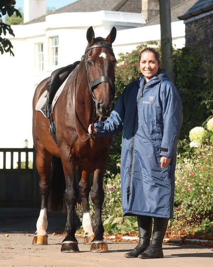 Steel Blue Grey coloured Equidry Womens Original All Rounder Waterproof Coat on outdoor background 