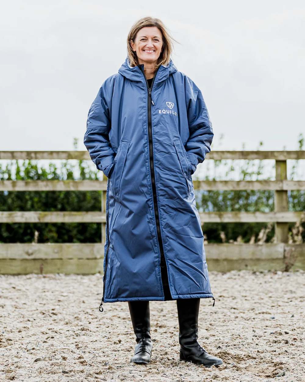 Steel Blue Grey coloured Equidry Womens Original All Rounder Waterproof Coat on outdoor background 