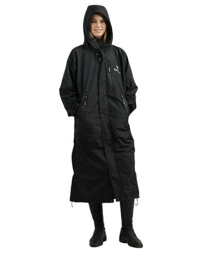 Black coloured Equidry Womens Pro Ride Evolution Thin Fleece Coat With Stowaway Hood on white background 