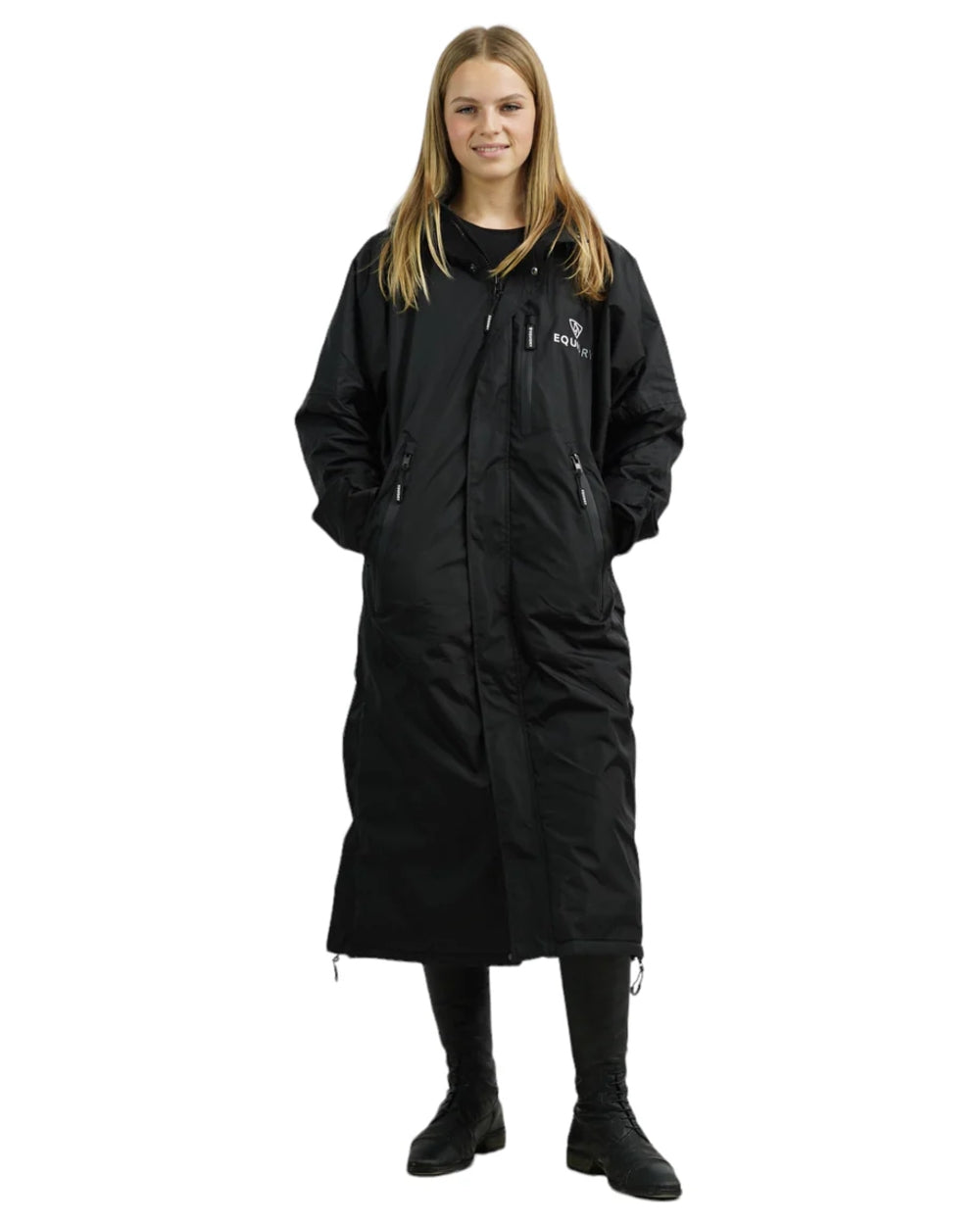 Black coloured Equidry Womens Pro Ride Evolution Thin Fleece Coat With Stowaway Hood on white background 
