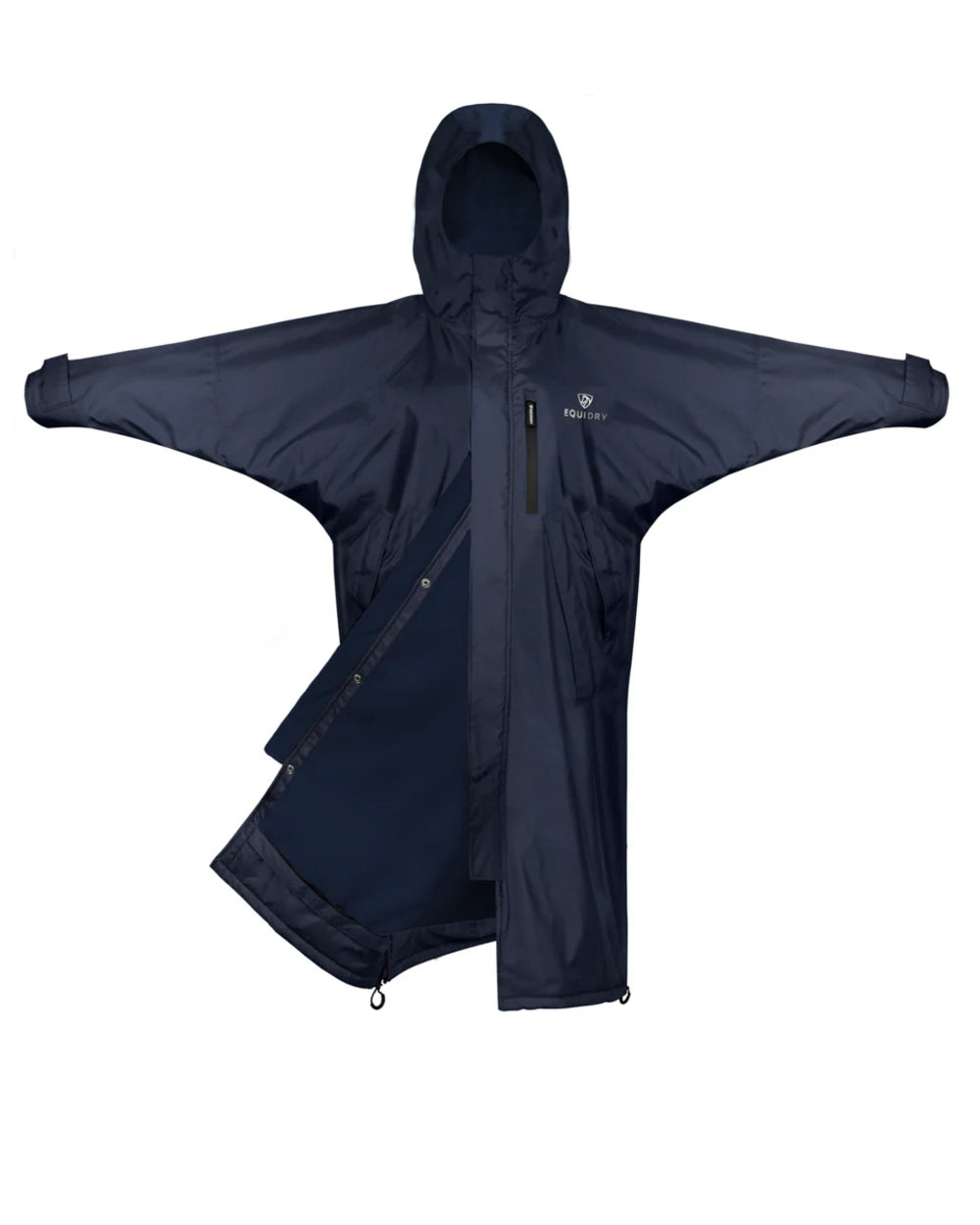 Navy coloured Equidry Womens Pro Ride Evolution Thin Fleece Coat With Stowaway Hood on white background 