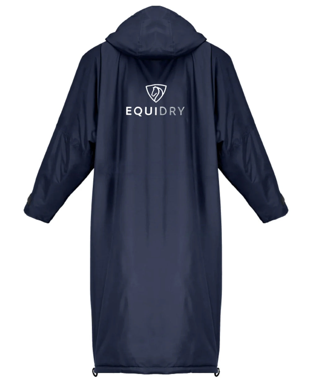 Navy coloured Equidry Womens Pro Ride Evolution Thin Fleece Coat With Stowaway Hood on white background 