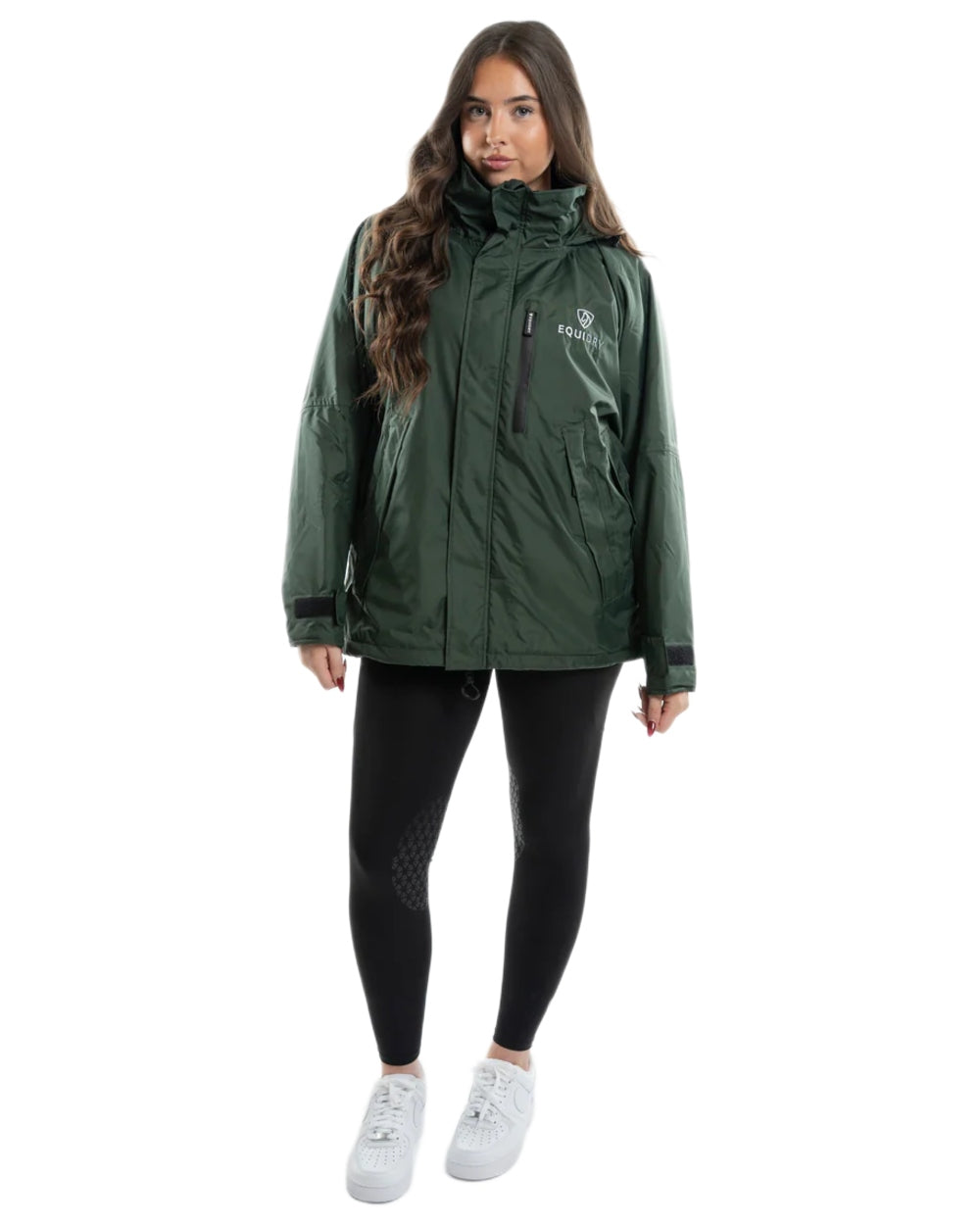 Black Forest Green coloured Equidry Womens Shortie Thin Fleece Jacket With Stowaway Hood on white background 