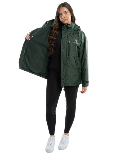 Black Forest Green coloured Equidry Womens Shortie Thin Fleece Jacket With Stowaway Hood on white background 