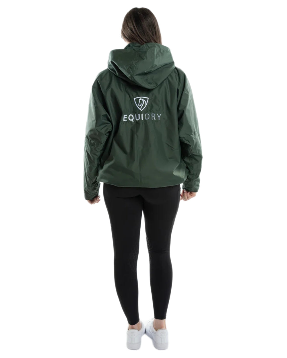 Black Forest Green coloured Equidry Womens Shortie Thin Fleece Jacket With Stowaway Hood on white background 