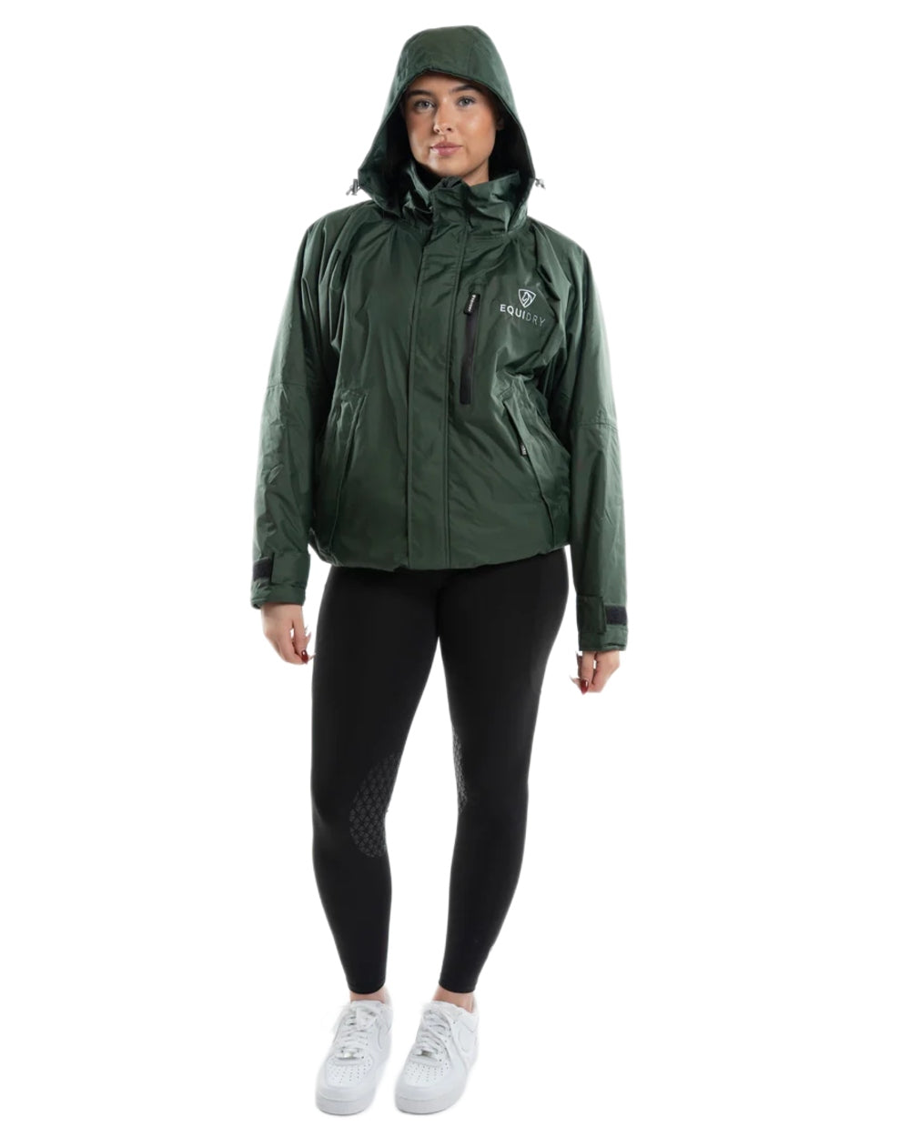 Black Forest Green coloured Equidry Womens Shortie Thin Fleece Jacket With Stowaway Hood on white background 