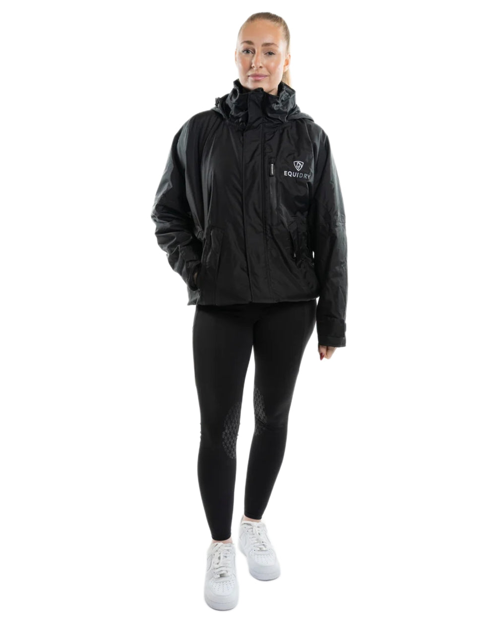Black coloured Equidry Womens Shortie Thin Fleece Jacket With Stowaway Hood on white background 