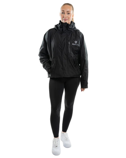 Black coloured Equidry Womens Shortie Thin Fleece Jacket With Stowaway Hood on white background 