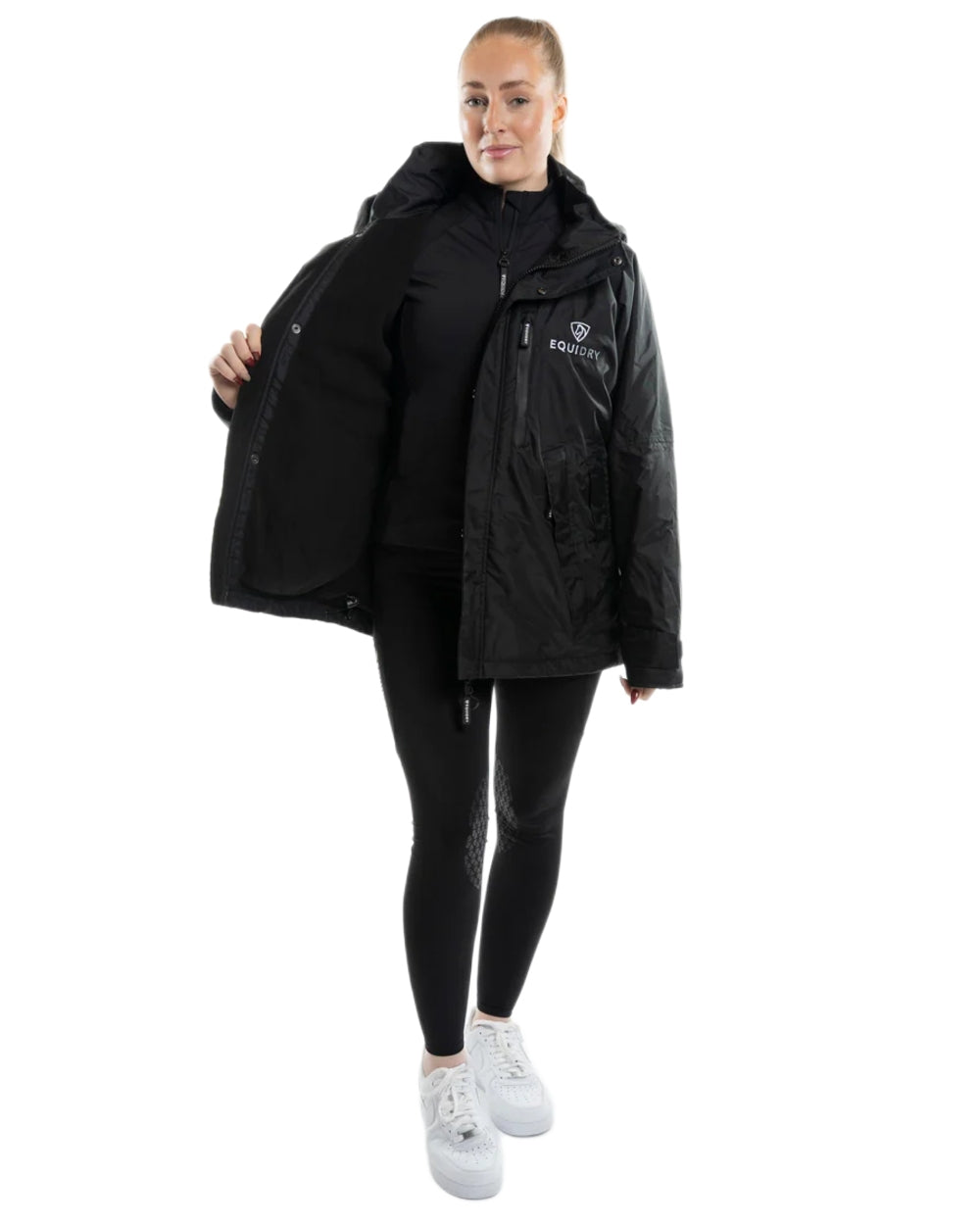 Black coloured Equidry Womens Shortie Thin Fleece Jacket With Stowaway Hood on white background 
