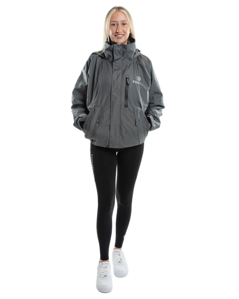 Charcoal Grey coloured Equidry Womens Shortie Thin Fleece Jacket With Stowaway Hood on white background 