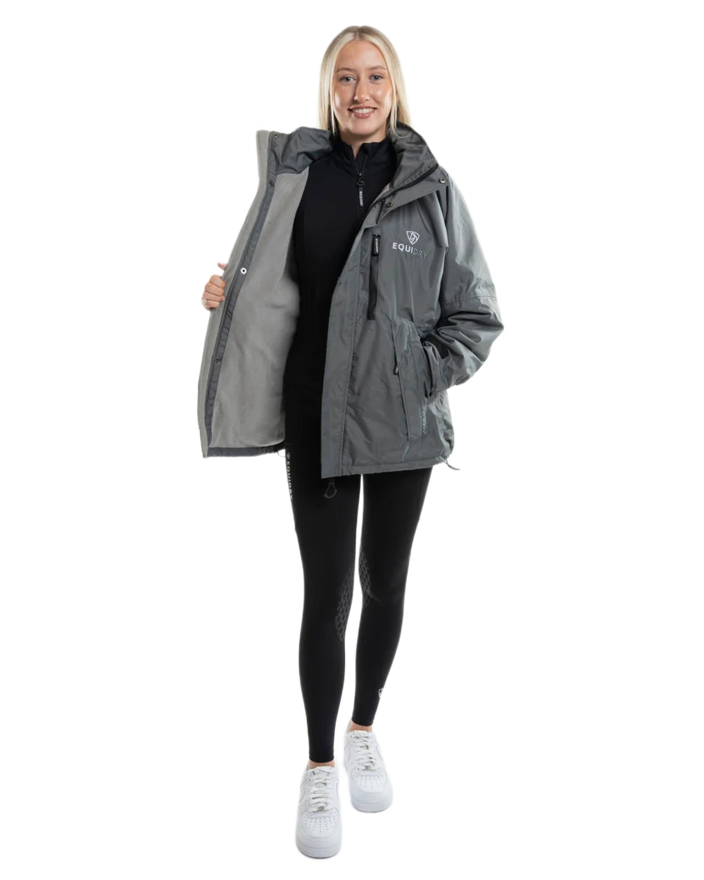 Charcoal Grey coloured Equidry Womens Shortie Thin Fleece Jacket With Stowaway Hood on white background 