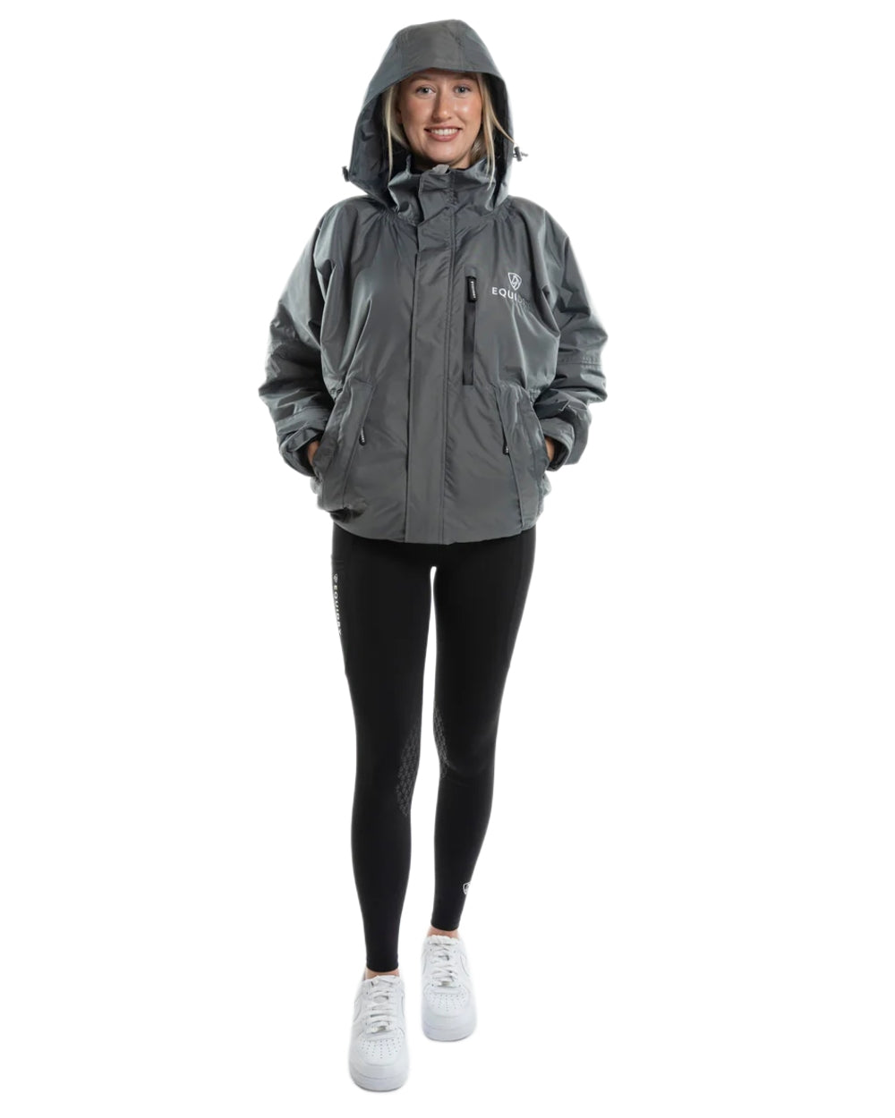 Charcoal Grey coloured Equidry Womens Shortie Thin Fleece Jacket With Stowaway Hood on white background 