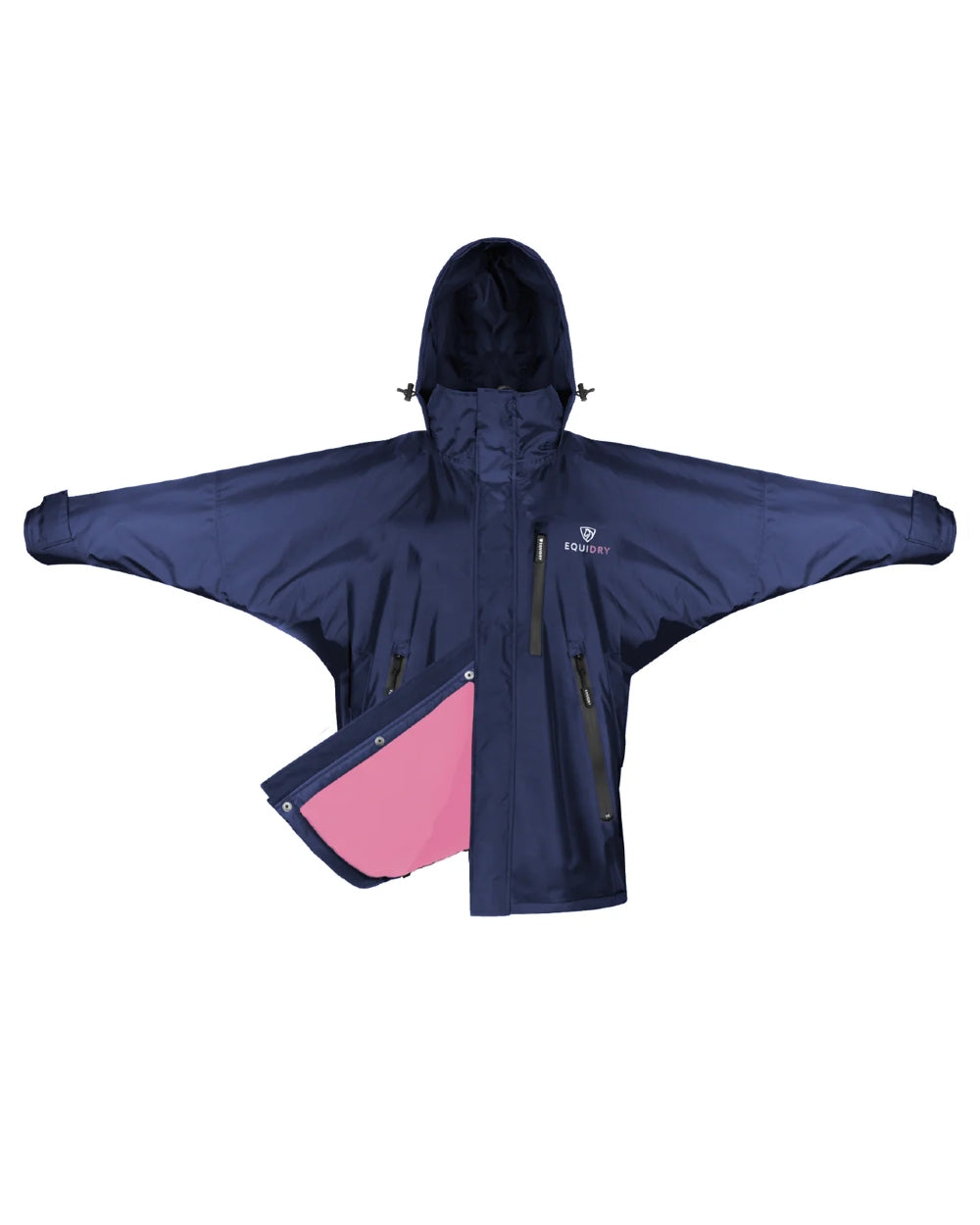 Navy Penelope Pink Equidry Womens Shortie Thin Fleece Jacket With Stowaway Hood on white background 