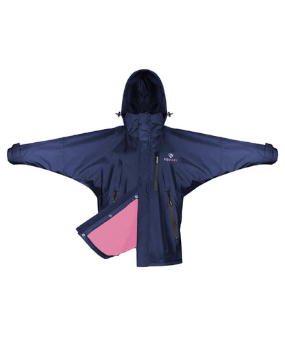 Navy Penelope Pink Equidry Womens Shortie Thin Fleece Jacket With Stowaway Hood on white background 