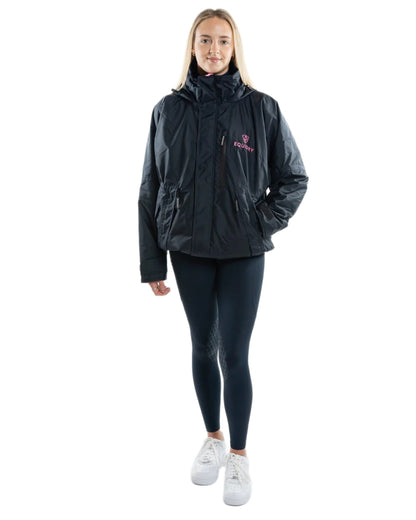 Navy Penelope Pink Equidry Womens Shortie Thin Fleece Jacket With Stowaway Hood on white background 