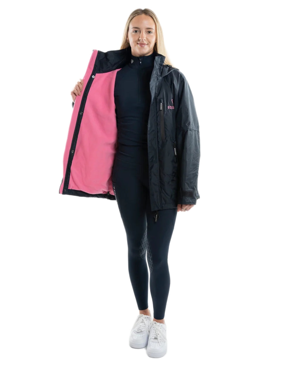 Navy Penelope Pink Equidry Womens Shortie Thin Fleece Jacket With Stowaway Hood on white background 
