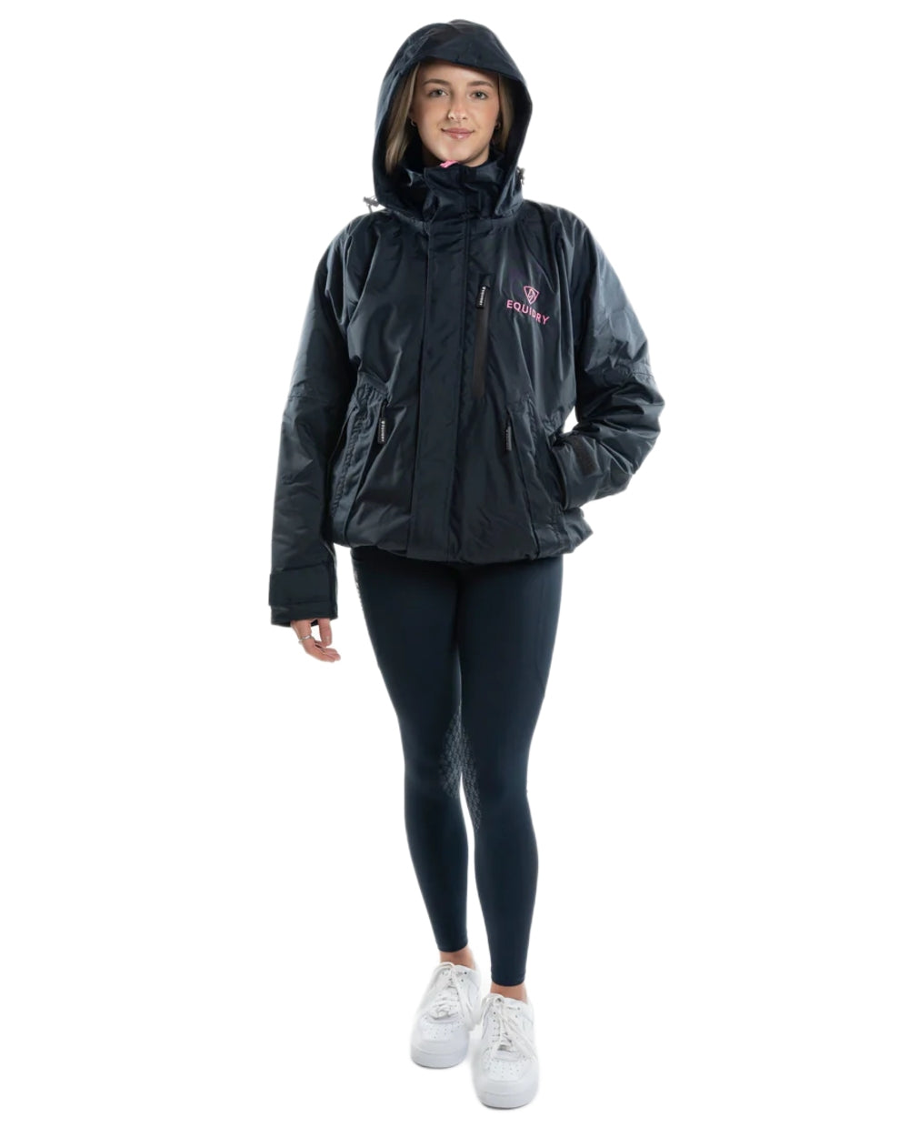 Navy Penelope Pink Equidry Womens Shortie Thin Fleece Jacket With Stowaway Hood on white background 
