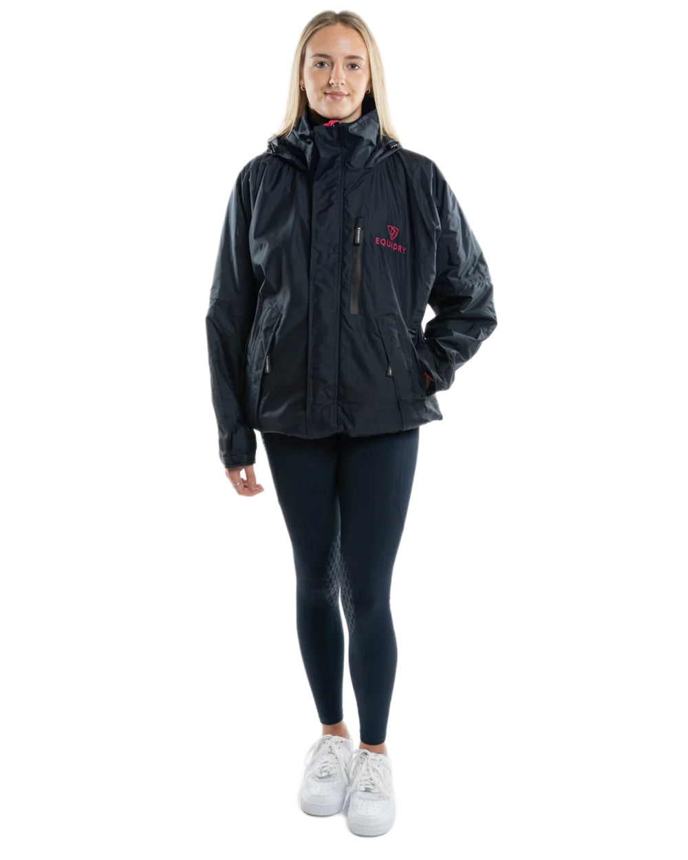 Navy Raspberry Equidry Womens Shortie Thin Fleece Jacket With Stowaway Hood on white background 