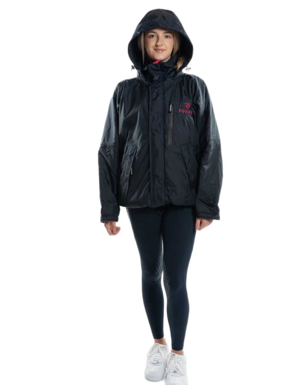 Navy Raspberry Equidry Womens Shortie Thin Fleece Jacket With Stowaway Hood on white background 