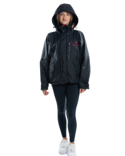 Navy Raspberry Equidry Womens Shortie Thin Fleece Jacket With Stowaway Hood on white background 