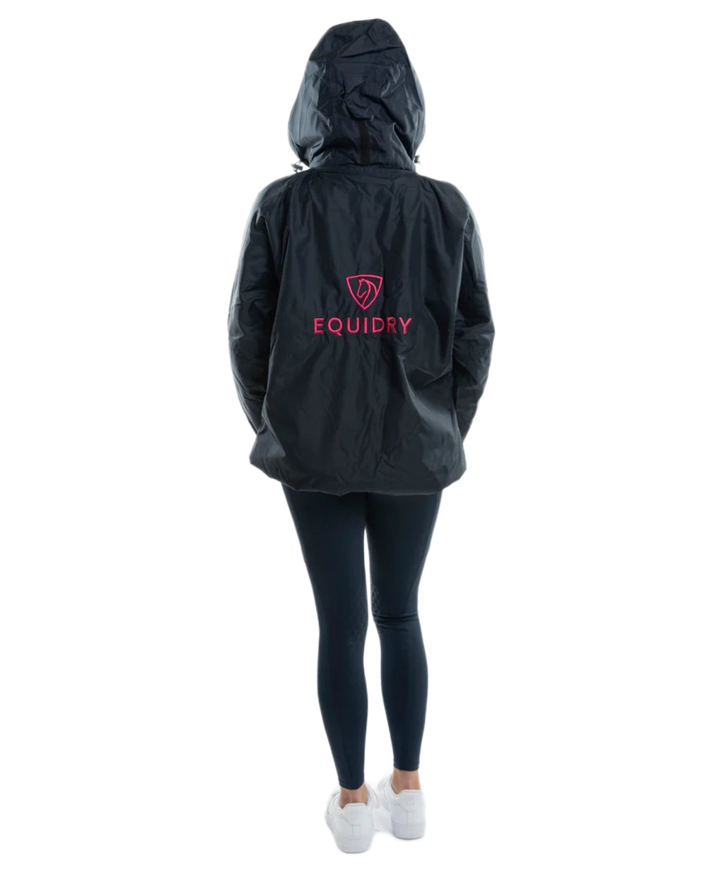 Navy Raspberry Equidry Womens Shortie Thin Fleece Jacket With Stowaway Hood on white background 