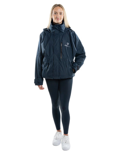 Navy coloured Equidry Womens Shortie Thin Fleece Jacket With Stowaway Hood on white background 