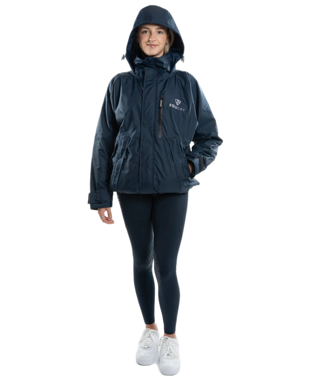 Navy coloured Equidry Womens Shortie Thin Fleece Jacket With Stowaway Hood on white background 