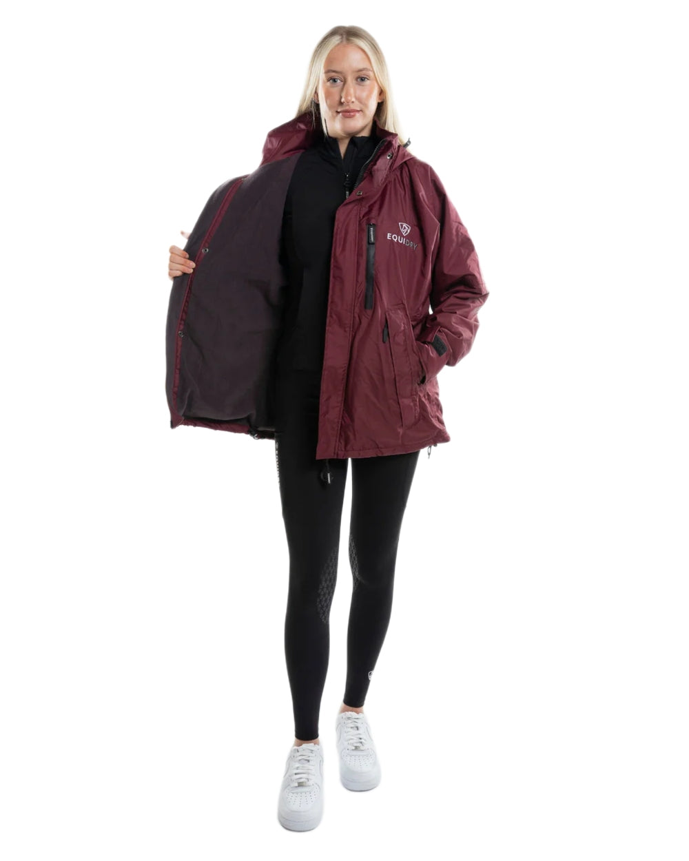 Plum Equidry Womens Shortie Thin Fleece Jacket With Stowaway Hood on white background 