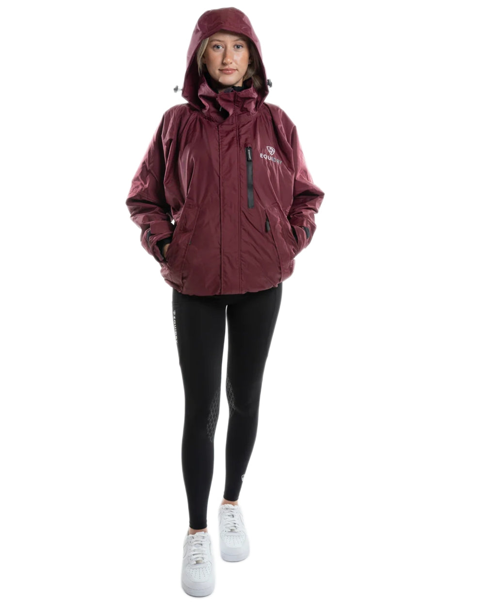 Plum Equidry Womens Shortie Thin Fleece Jacket With Stowaway Hood on white background 